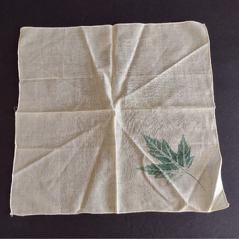 Vintage Cotton Hankie Hankerchief Light Yellow Oak Leaf Print Stamp Corner